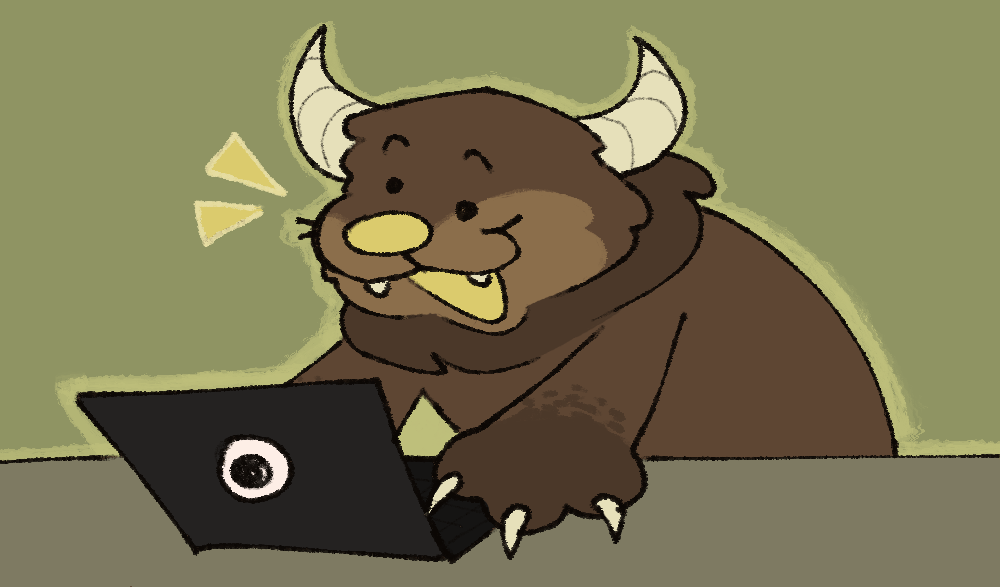 A brown ancient grumpus excitely looking at a laptop.
